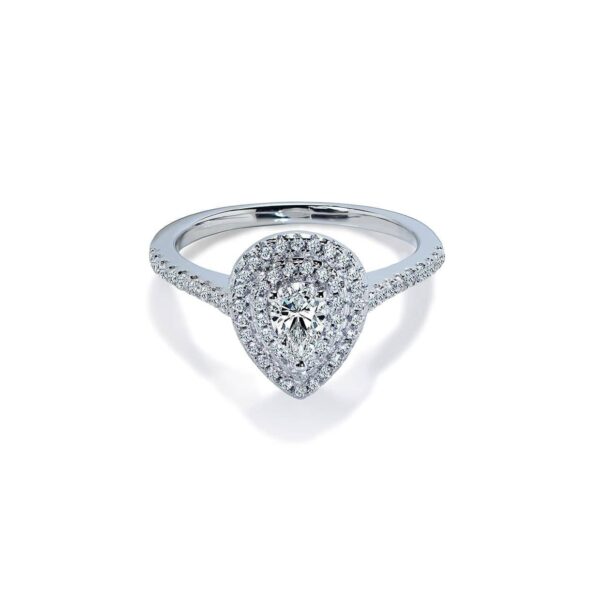 Loving dobbelt diamant halo forlovelsesring med pæreformet safir