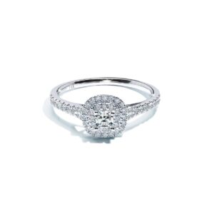 Sorrento forlovelsesring med hvid princess cut safir og diamant halo