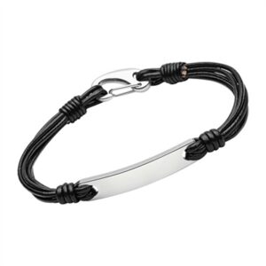 Sort Læderarmbånd med graveringsplade 19 cm - Mulighed for gravering