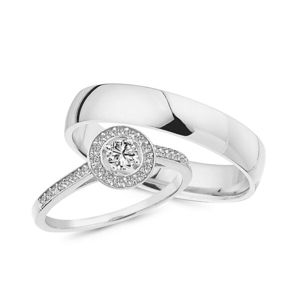 Nuran - Vielsesringe i 14 kt hvidguld med roset af 1 x 0,22 + 29 x 0,01ct. W-vs