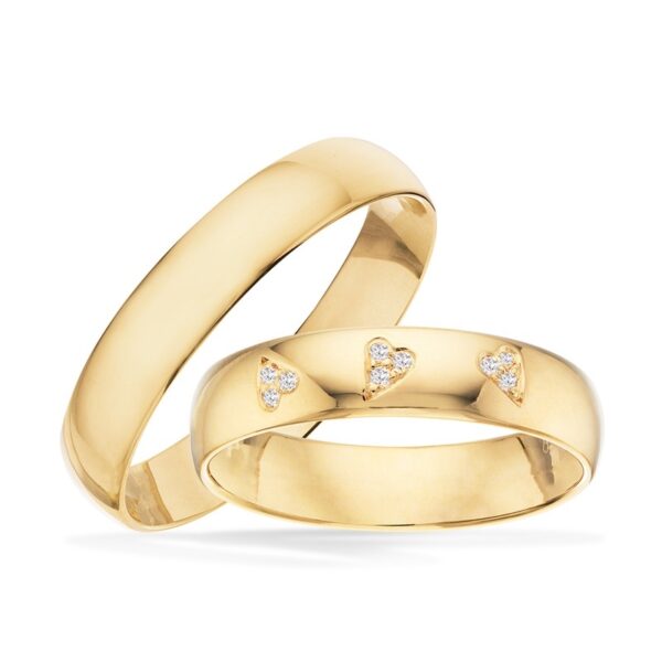 Vielsesringe i 8-14kt. guld med hjerter af brillanter på i alt 0,045ct