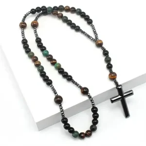 Chinio perlehalskæde med mørk hematit kors