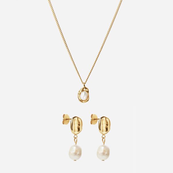 Melted Perlehalskæde + Melted Drop Perleøreringe 18K Guldbelagt